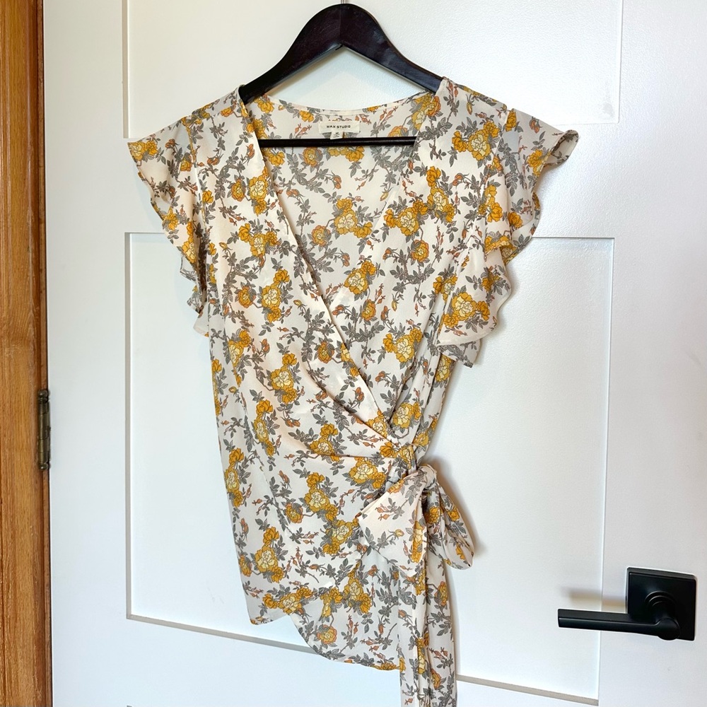 Max Studio Mustard Yellow Floral Wrap Tie Top - Size Medium